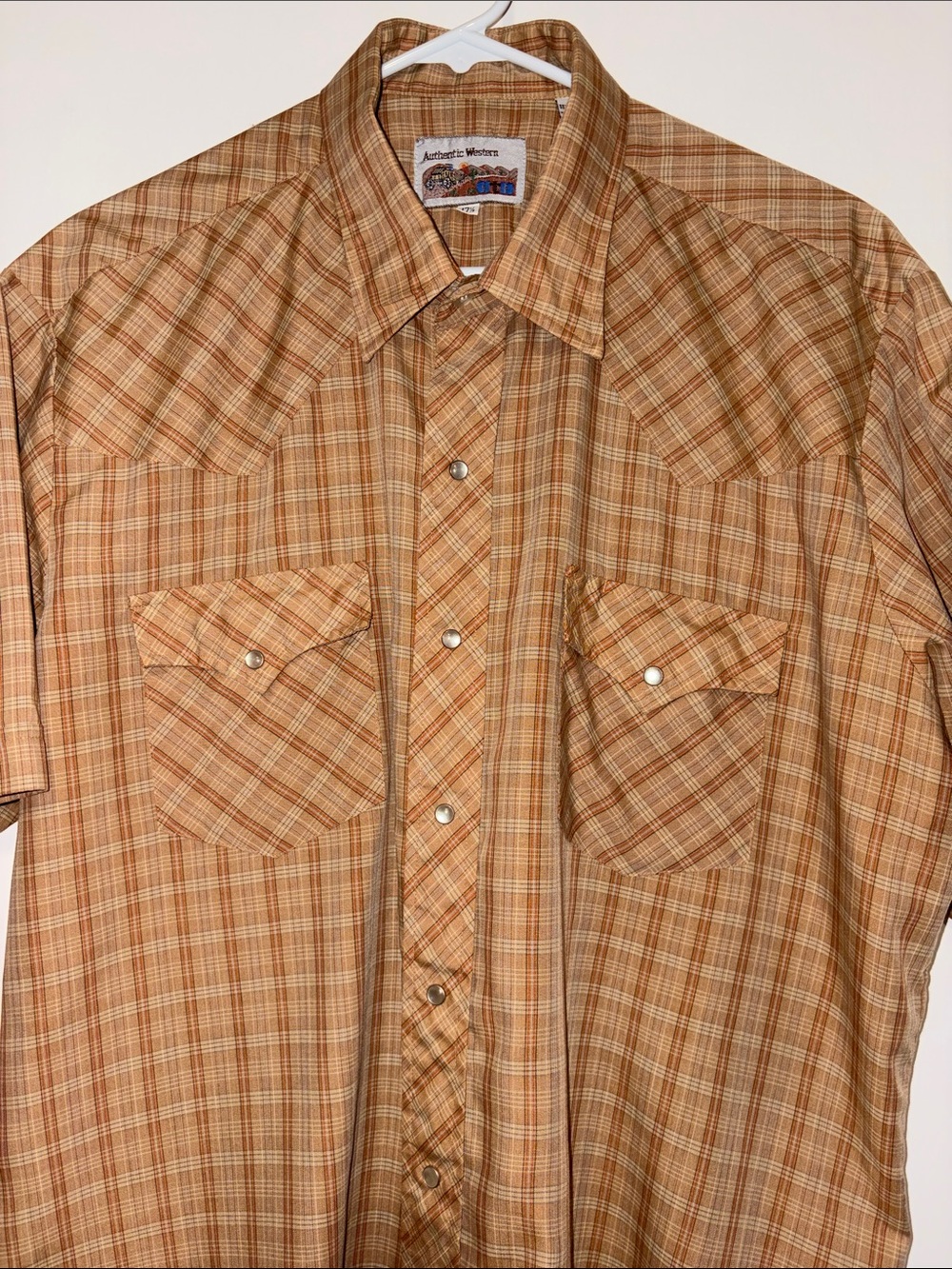 π Authentic Western Menβs Orange/Tan Plaid Snap-Up Short-Sleeve Shirt Size 17.5 - Picture 5 of 16